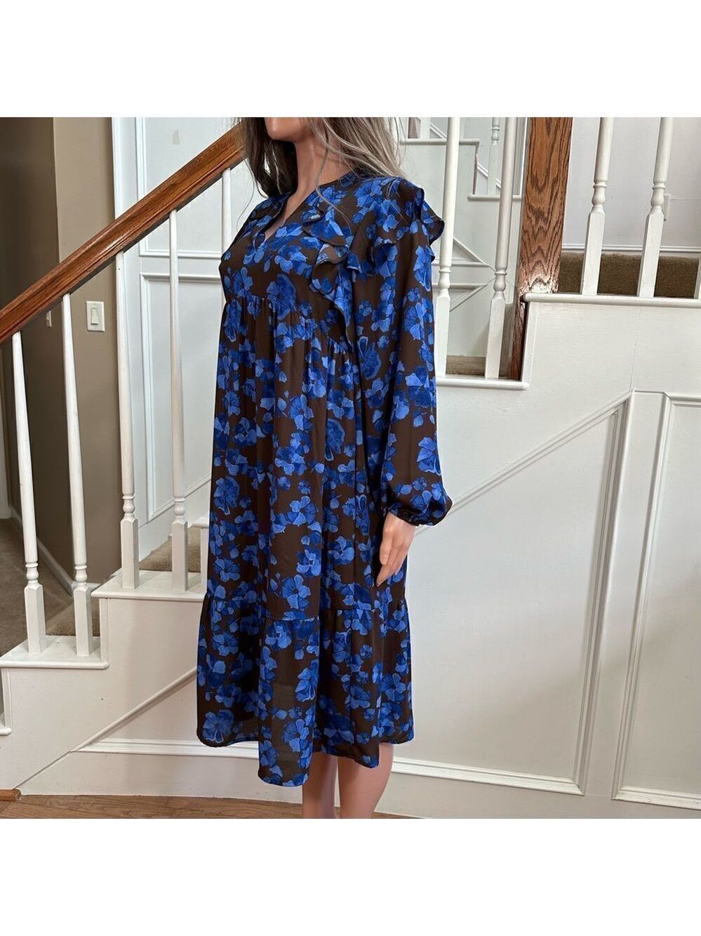 Adorable brown blue floral peasant midi dress